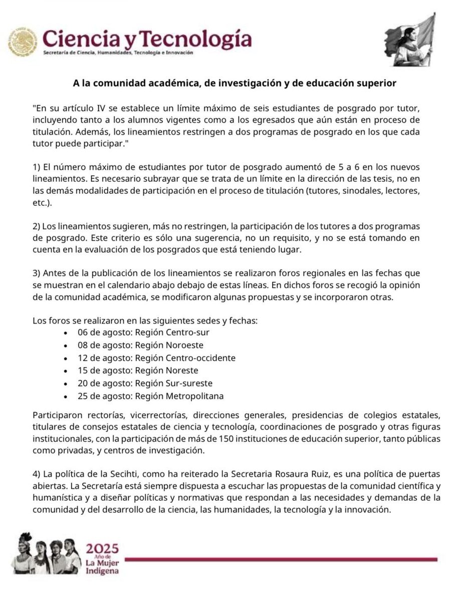 Con relación a los nuevos lineamientos del Sistema Nacional de Posgrados #SNP, se informa:
✅Número máximo de estudiantes por tutor de posgrado aumentó de 5 a 6.
✅Se sugiere, más no restringe, la participación de los tutores a 2 programas de posgrado.