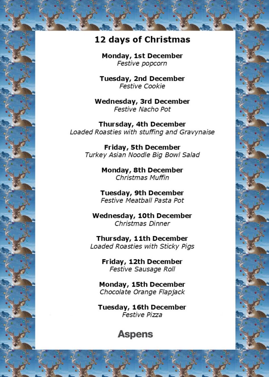 🎄 A reminder that Aspens, our catering provider are serving their Christmas Dinner tomorrow 🎄

🎁The festive menu continues until the 16th December 🎁