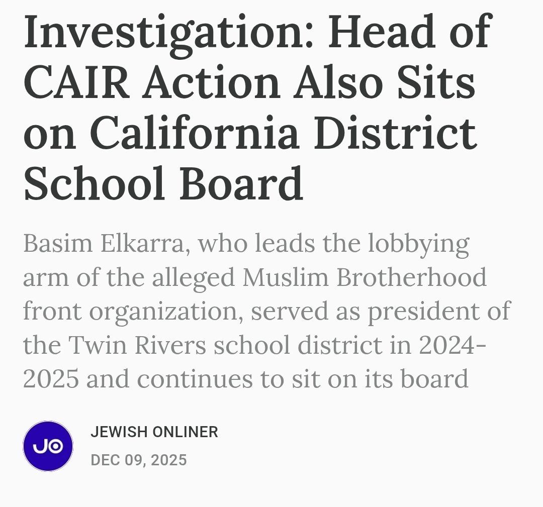 chalavyishmael's tweet photo. 🚨 BREAKING:

Jewish Onliner has uncovered that Basim Elkarra, the director of CAIR Action, has simultaneously been serving on the Twin Rivers Unified School District Board of Trustees in Sacramento. He even held the presidency of the board last year.

Basim runs the political arm of CAIR, an organization designated as a terrorist entity in both Texas and Florida.

Elkarra’s school board district oversees roughly 25,000 students across nearly 50 schools. While he was responsible for their wellbeing, CAIR Action was raising money and conducting political activity across the country without obtaining the licenses legally required in any of the 22 states where it operates. The D.C. government confirmed to NCRI that CAIR Action has never obtained even the basic business license needed to function in its own jurisdiction.

The same NCRI investigation also documented a pattern of foreign-state alignment involving Turkish government-linked institutions. CAIR chapters have accepted sponsorships from Turkish Airlines, run events at the Turkish government’s Diyanet Center, and relied on TRT World to elevate their messaging. Elkarra’s own X account, like CAIR Actions, was routed through the Turkish App Store until the discovery went public. It now shows “West Asia App Store.”

The head of a national political organization is now facing questions about unlicensed operations, foreign influence, and ties to groups designated for terrorism, all while sitting on a school board that makes decisions for thousands of children.

Full investigation below.

🔗👇