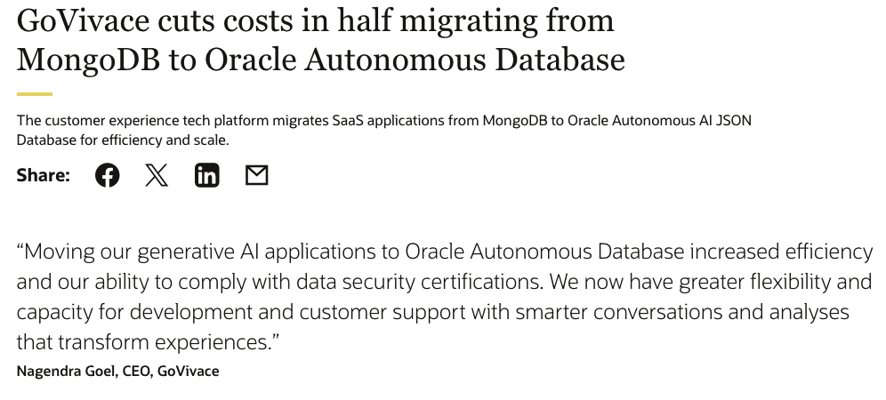 GoVivace cuts costs in half migrating from MongoDB to Oracle Autonomous Database

oracle.com/customers/govi…
