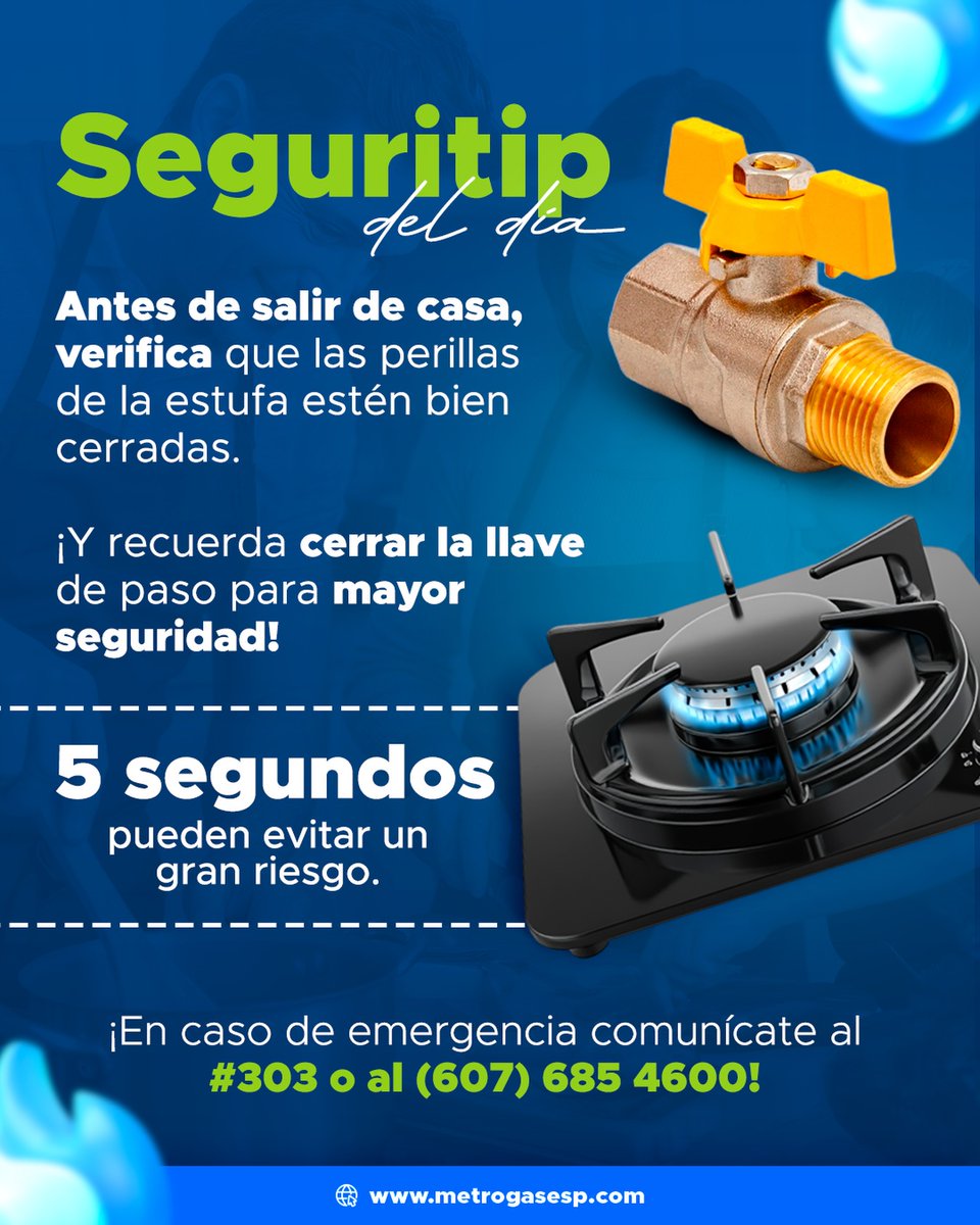 MetrogasCol's tweet photo. La seguridad empieza en los pequeños
detalles 🔒 ¡Antes de salir, revisa tu estufa!
Un gesto de 5 segundos puede darte horas
de tranquilidad ✨

¡En caso de emergencia comunícate al
#303 o al (607) 685 4600! https://t.co/vuw0yU5vlT