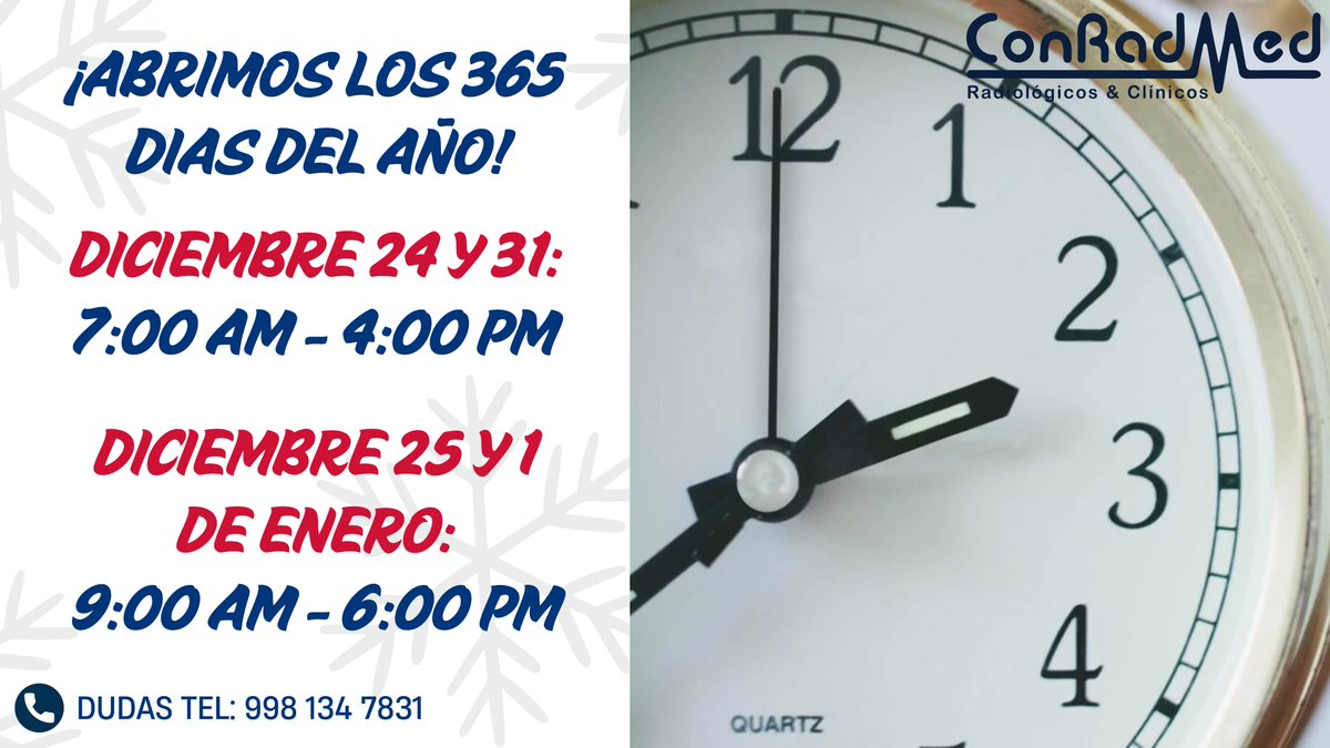 ConRadMed's tweet image. ¡En estas fiestas, seguimos cuidando de ti!

24 y 31 de Diciembre: 7:00 AM - 4:00 PM
25 de Diciembre y 1ro de Enero: 9:00 AM - 6:00 PM

¡Estamos para servirte siempre! 📷 998 134 7831

#ConradMed #HorarioEspecial #Navidad #AñoNuevo #Salud