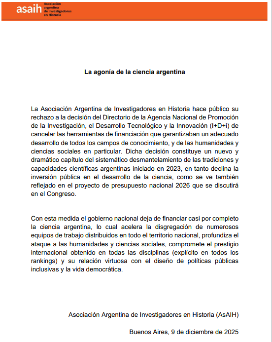 Comunicado de la Asociación Argentina de Investigadores en Historia sobre las nuevas medidas con relación al financiamiento de la ciencia.