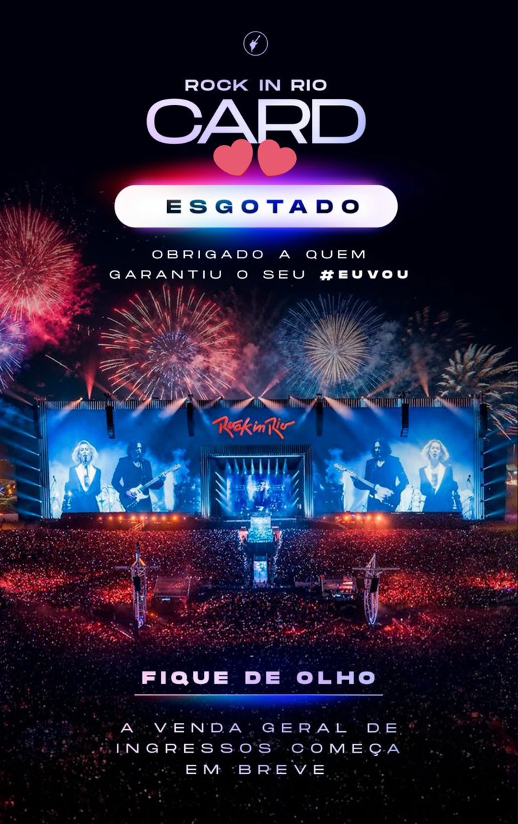 tickets (cards) for rock in rio where stray kids will be performing on september 11th 2026 are officially SOLD OUT! 

rock in rio has a capacity of around 730K (official report from 2024) and palco mundo (their stage) of 80K / 100K people!