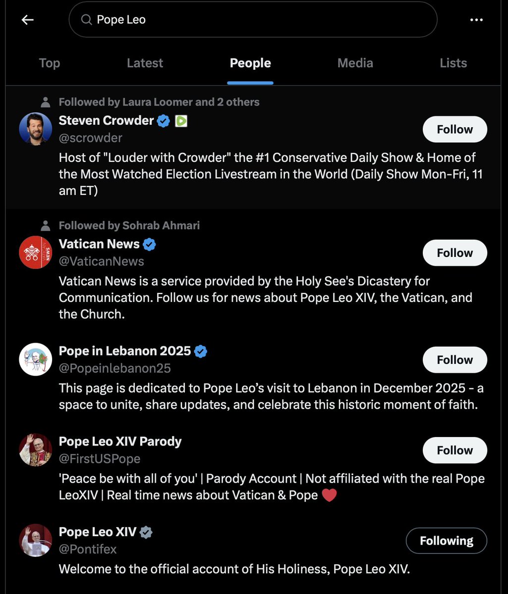 keyboardboogie's tweet image. When I type in Pope Leo in the search bar Steven crowder comes up first - Pope Leo 5th and I'm following Pope Leo