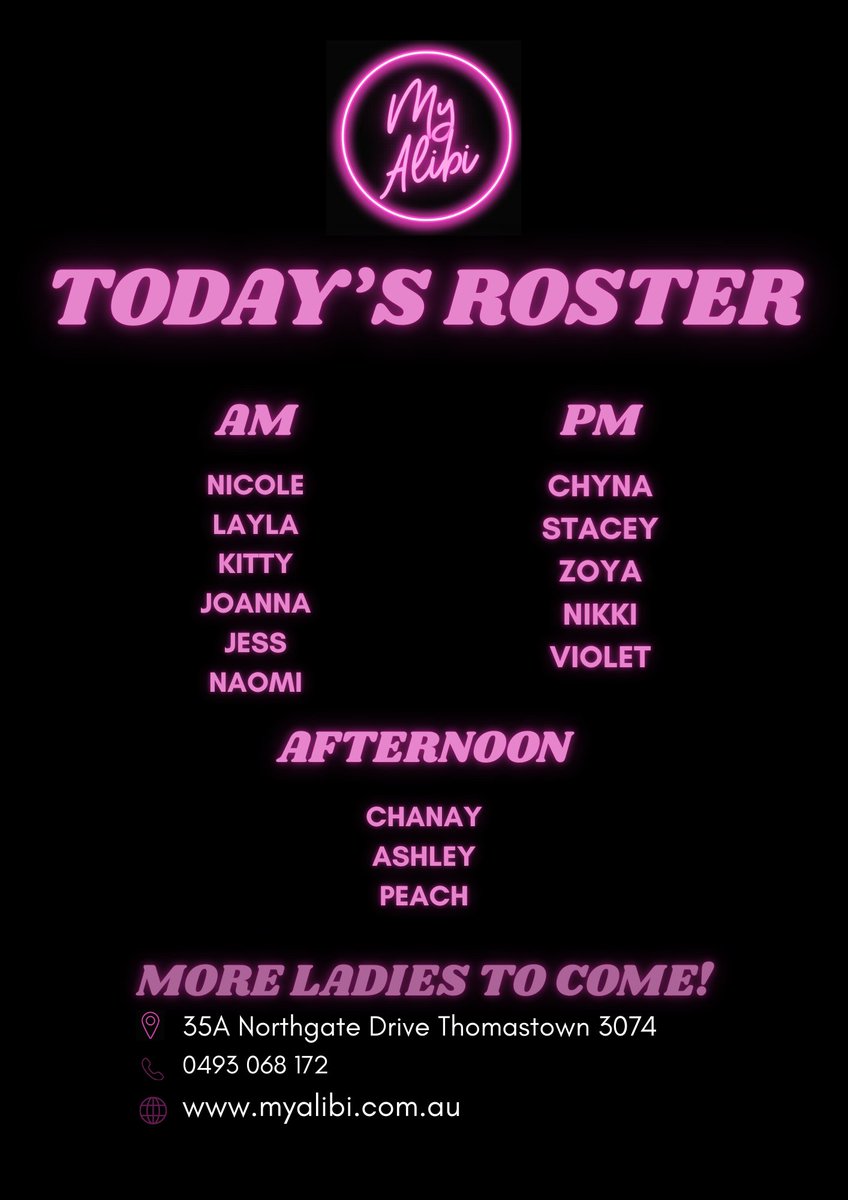 My_AlibiBrothel's tweet photo. TODAYโS ROSTER @ MY ALIBI THOMASTOWN IS STACKED AF ๐ฅ
AM, PM & Afternoon shifts absolutely loaded + more hotties still arriving!
Melbourneโs fave northside brothel is pumping, come say gโday legends, 35A Northgate Drive | 0423 068 172
#MyAlibi #MelbourneBrothel https://t.co/lXl8cY5kNX