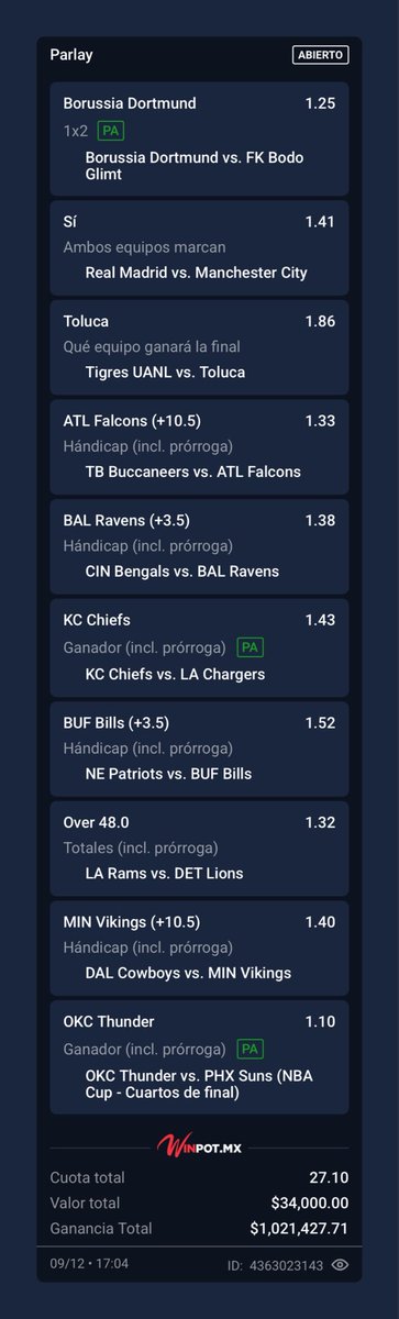 PARLAY DEL MILLÓN 🔥🔥

No lo quiero, LO NECESITO para cerrar este año cómo se tiene que cerrar, traigo una racha buenísima en el premium desde finales de Noviembre y es momento de irnos a lo grande y quiero ganarlo con todos, vengaaaa carajo 🔥🔥 

Fav y RT los que me sigan 💪🏻
