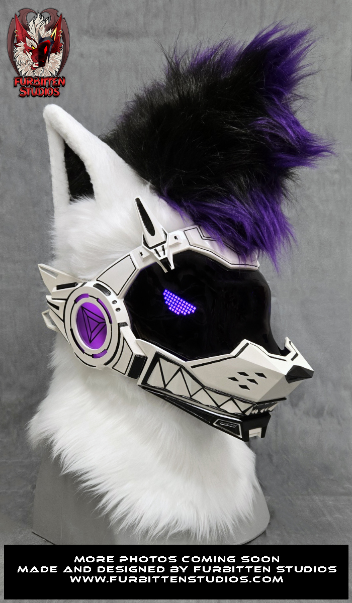 He still needs his paws and tail which should be done tomarrow, day after if needed. But I know this helmet has been racking up tons of attention so heres the Head all furred up! 

He does still need a final coding done but otherwise this beast is pretty much done