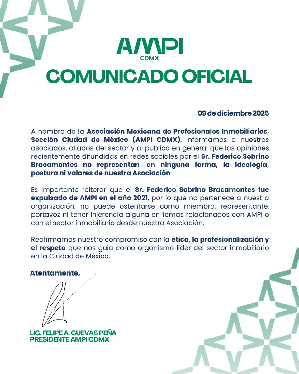 ampicdmx's tweet photo. Queremos compartir con nuestra comunidad un mensaje importante para aclarar información que ha circulado recientemente. 

AMPI Ciudad de México mantiene su compromiso con la ética, la transparencia y la profesionalización del sector inmobiliario.

@GobiernoMX @GobCDMX https://t.co/OR38AKPmBE