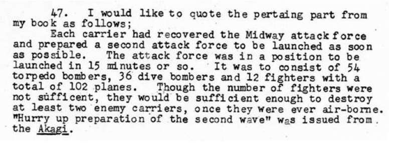 TMartinBennett's tweet photo. Here's Genda's post-war debriefing statement on that issue. His estimate was they would have been prepared in 15 minutes, so between Fuchida's 5 minute estimate and Genda's 15 minute estimate, splitting the difference would be 10 minutes. Both Fuchida and Genda were there and knew all the details. Parshall is a software salesman in Minnesota and his speculation has been confusing people ever since. I obtained this document myself in the Goldstein Library in the archives of the University of Pittsburgh. Facts are hard to find, but they're more valuable and useful than speculation.

You can read the most complete story on Fuchida in my book, "Wounded Tiger."