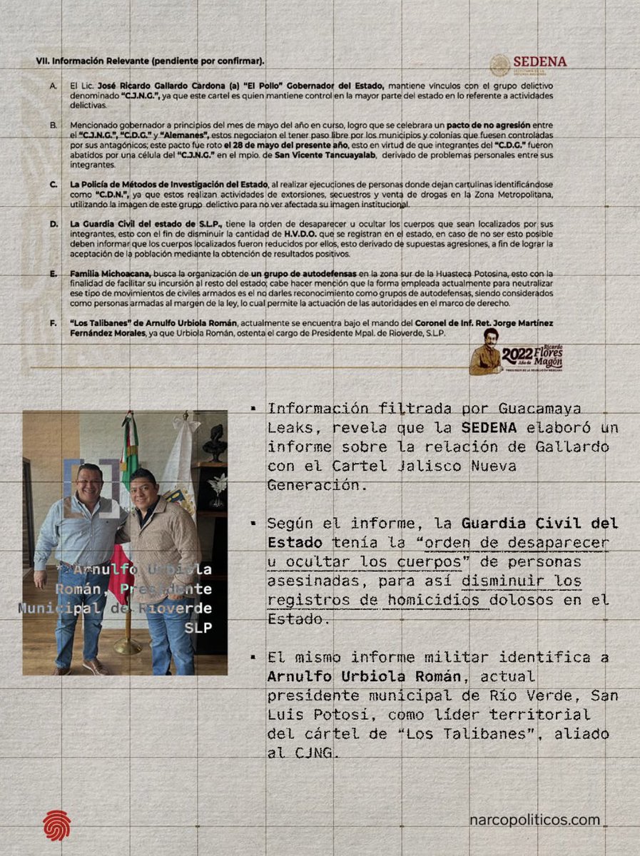 Confirmo.

Ricardo Gallardo es parte de la lista de <a href="/narcopoliticos_/">Narcopoliticos</a> desde hace meses por sus vínculos con el CJNG.

Y desde entonces hay documentos de la SEDENA y narcomantas que atribuyen estos “enfrentamientos” a su guerra.