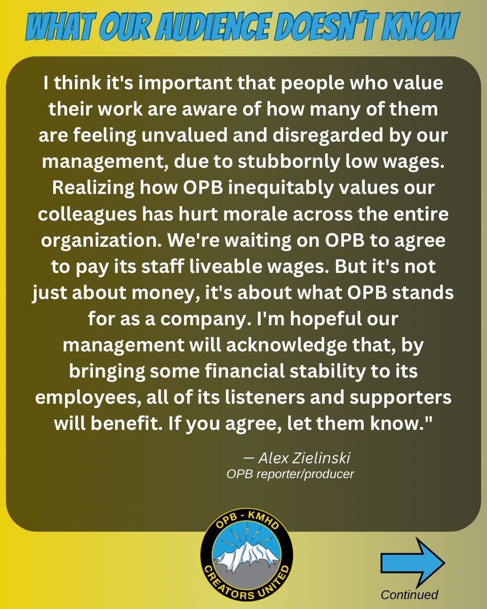 OPBKMHDCreators's tweet photo. Alex shares her story for our “what our audience doesn’t know” series.

"It's important that people are aware of how many feel unvalued due to stubbornly low wages. Realizing how OPB inequitably values our colleagues has hurt morale in the entire organization."
- Alex Zielinski https://t.co/TWGNkWtgxt