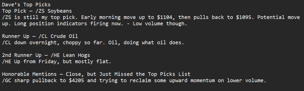 Hogs had it's pop today. Gold, tradeable but nothing big for my style. oil, kind of meeehhh. Didn't trade today, hogs would have been a nice paycheck for 8 contracts though......Picks still intact for the week. On the serious side though....I am pretty much on the sidelines until