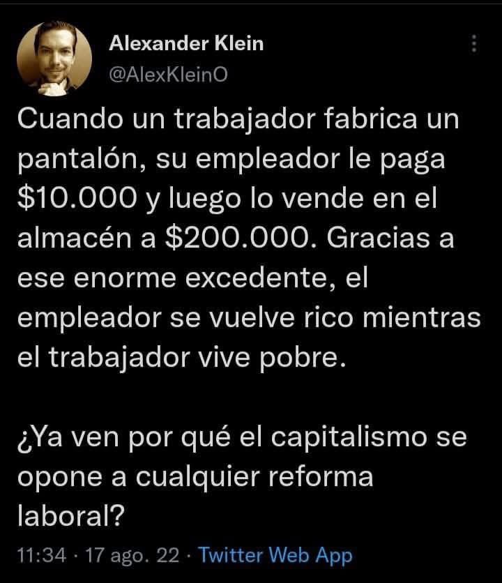 mateoamayaq's tweet image. Nadie en este mundo puede producir un pantalón de la nada.

Primero, tenemos que considerar los bienes de capital (la maquinaria) para hacer ese pantalón. Sin estos usted podría fácilmente demorarse 6 meses para producirlo y obviamente mucho más costoso, pues usted tendría que…