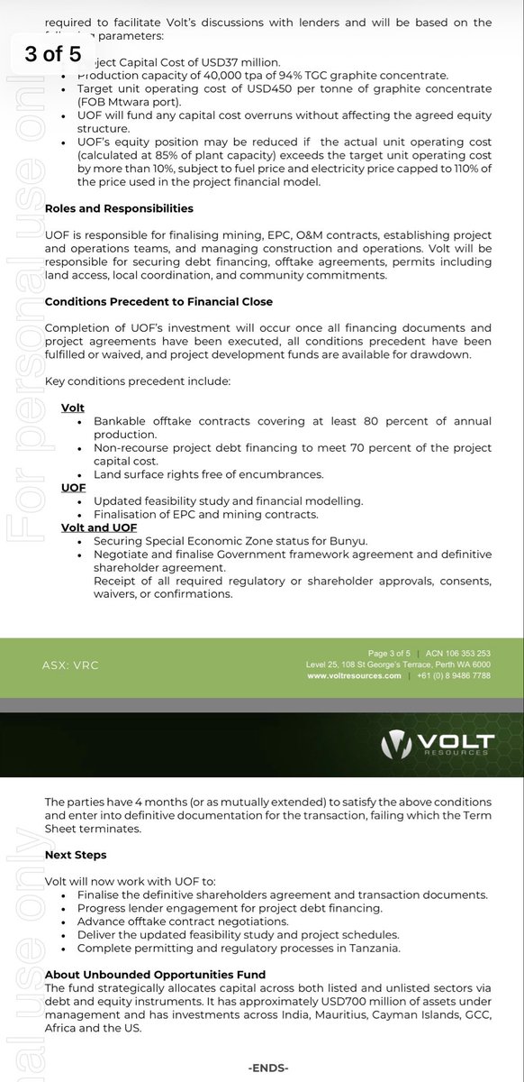 𝙑𝙤𝙡𝙩 𝙍𝙚𝙨𝙤𝙪𝙧𝙘𝙚𝙨 (𝘼𝙎𝙓: 𝙑𝙍𝘾) 𝙚𝙭𝙚𝙘𝙪𝙩𝙚𝙨 𝘽𝙞𝙣𝙙𝙞𝙣𝙜 𝙏𝙚𝙧𝙢 𝙎𝙝𝙚𝙚𝙩 𝙛𝙤𝙧 𝙁𝙪𝙣𝙙𝙞𝙣𝙜 𝙖𝙣𝙙 𝘿𝙚𝙫𝙚𝙡𝙤𝙥𝙢𝙚𝙣𝙩 𝙤𝙛 𝘽𝙪𝙣𝙮𝙪 𝙂𝙧𝙖𝙥𝙝𝙞𝙩𝙚 𝙈𝙞𝙣𝙚, 𝙏𝙖𝙣𝙯𝙖𝙣𝙞𝙖

Volt Resources Limited <a href="/asxvolt/">Volt Resources</a> $VRC.ax has signed a Binding Term