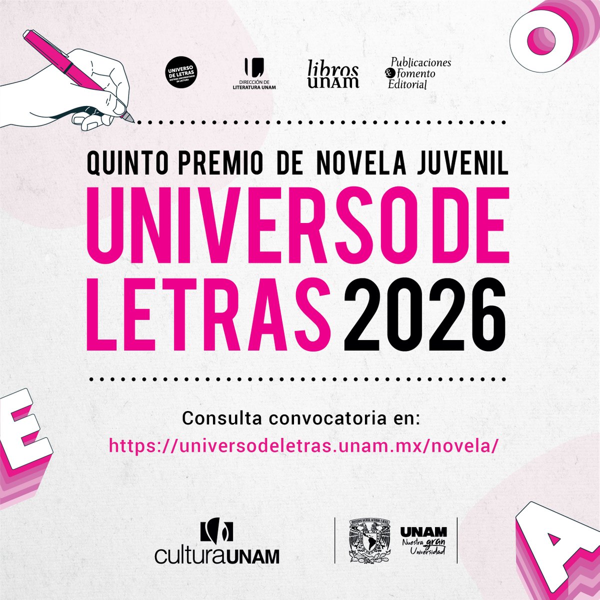 ⚠️ ¡Ampliamos el plazo! Tienes hasta el 15 de enero de 2026 para participar en la convocatoria del Quinto Premio de Novela Juvenil Universo de Letras. 📖✍️
✅ Premio de $150,000
Consulta las bases.➡️ bit.ly/4nsFtCd
<a href="/CulturaUNAM/">CulturaUNAM</a> <a href="/LiteraturaUNAM/">Literatura y Fomento a la Lectura UNAM</a> <a href="/universoUNAM/">💬 Universo de Letras/ #Cátedra Pacheco 📖</a>