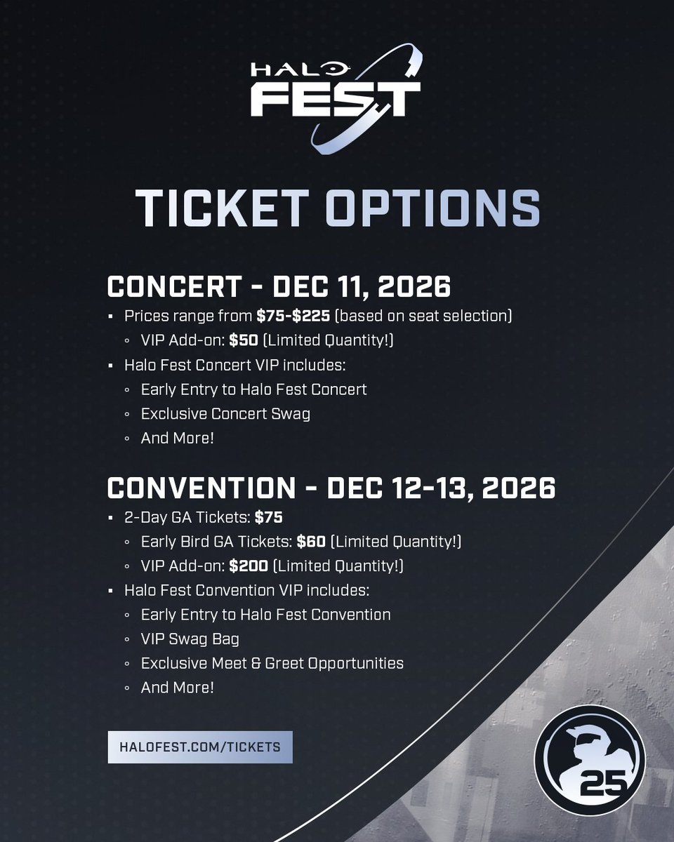 HCS's tweet image. The time is near - #HaloFest tickets go on sale TOMORROW @ 10:00 AM/PT!

Check out the ticket options below (including revamped VIP options) and be sure to have your TIXR account ready!

🎟️ halofest.tixr.com/tickets