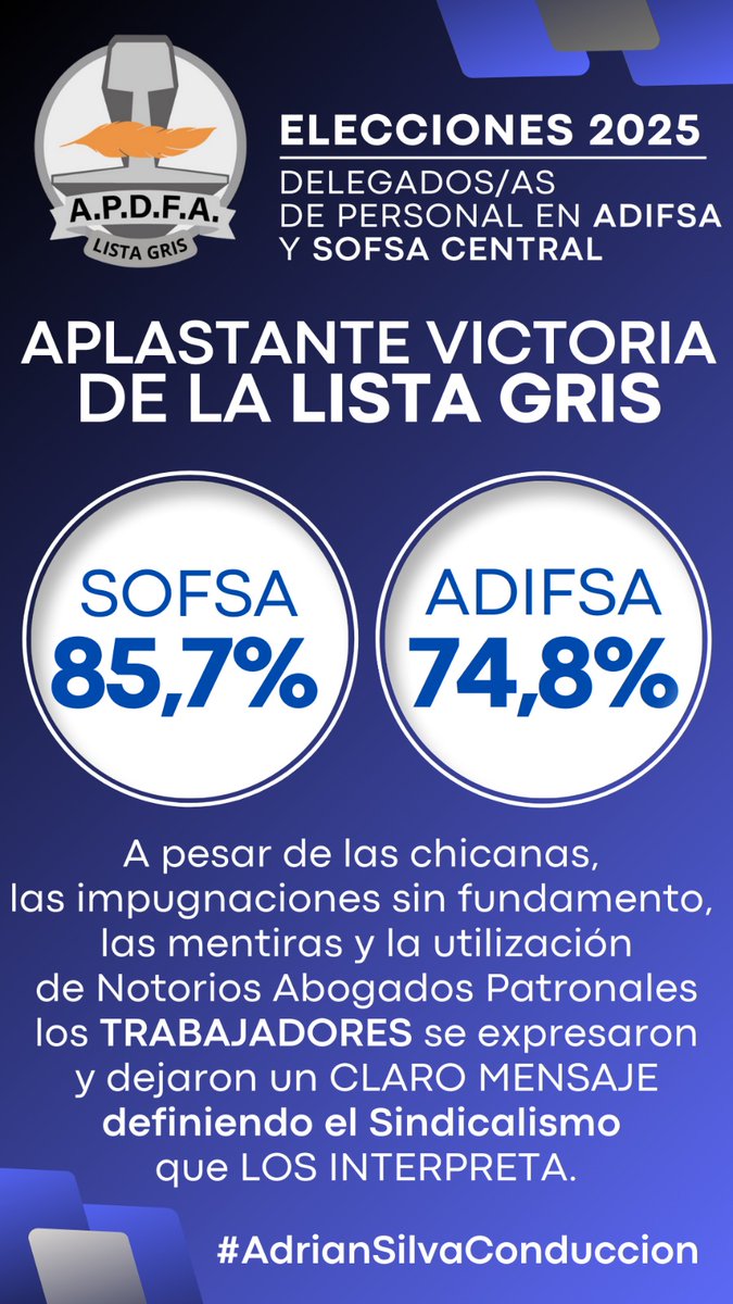 ApdfaListaGris's tweet photo. La única verdad, es la realidad.
Triunfo aplastante de la Lista Gris en las elecciones para Delegadas y Delegados en Adifsa y Sofsa
#adriansilvaconduccion 
#lalistaesgris https://t.co/wFsfpN1iqM