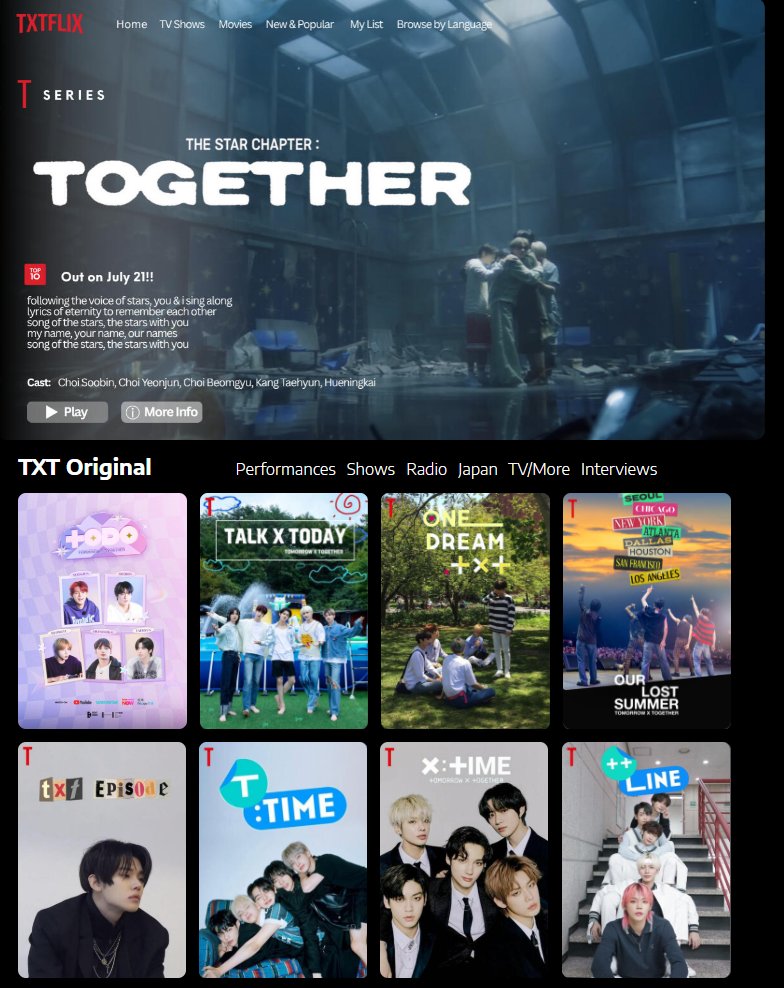 Eunbi_etc's tweet image. 헐 여러분 txtflix라는거 알고 계셨나요
팬이 만든건데 막 모든 뮤비, 예능, 인터뷰, 쇼들 다 모아서 넷플처럼 꾸며놓았더라고요
생각보다 고퀄이고 잘만들어서 놀람

tbytflix.carrd.co/#home