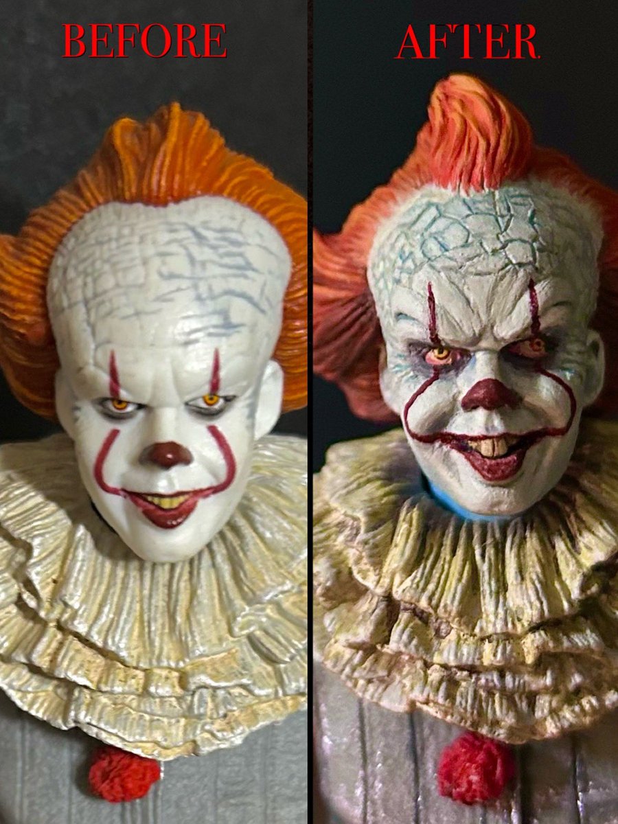 patrickjesson's tweet image. Been working on this for a bit. Taking awhile due to be so busy, but almost finished. I’m resculpting and repainting the Neca Pennywise the Clown.  Resculpted his face by hand using Apoxie Sculpt.  Here’s work in progress pics #It #ITWelcomeToDerry #pennywise #customactionfigures