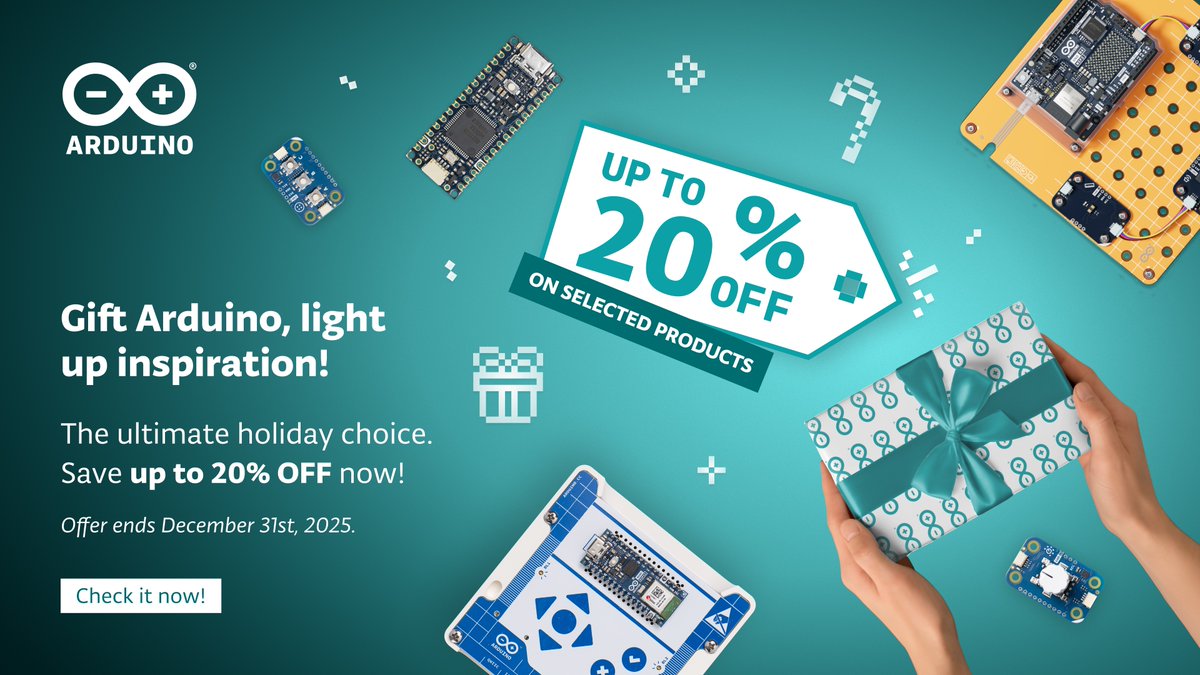 arduino's tweet image. This holiday, don’t just gift a gadget. Give new skills and a passion with up to 20% off products like the Arduino Plug and Make Kit and Alvik. 🎁✨

Deals end December 31st. Order now to ensure your boards and bundles are there in time to be unwrapped! store.arduino.cc/collections/ho…