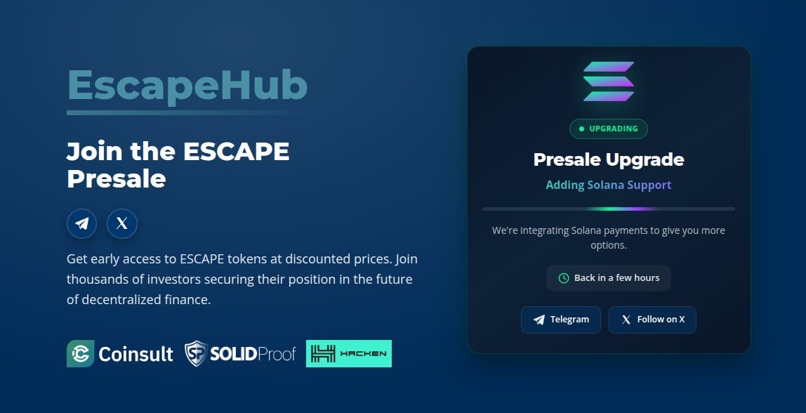 🚀 Solana Support is coming to the ESCAPE Presale

We’re upgrading our presale to accept Solana payments, giving our holders more flexibility and setting the stage for what’s next.

This upgrade is more than just adding another chain. It’s a preview of our upcoming multi-chain