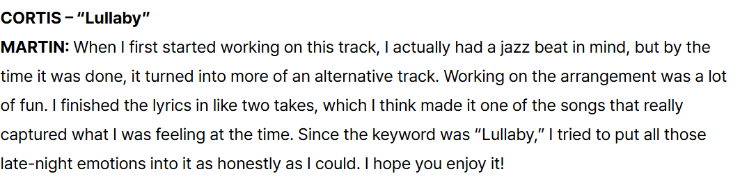 wywmartin's tweet photo. useless martin fact of the day: the song “lullaby” on color outside the lines actually started out as martin’s solo project, he wrote the lyrics at midnight while watching keonho, james, seonghyeon, and juhoon sleep, since they were all exhausted in the studio. https://t.co/mTJJlJ90eY