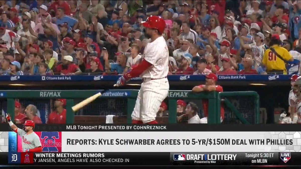 Moves are being made during the #WinterMeetings!
#MLBTonight kicks off today's show by discussing Kyle Schwarber's reported 5-year deal to stay with the Philadelphia Phillies.
MLB Network x @CohnReznick