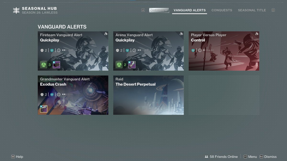 A aba de alertas da Vanguarda está no ar.

Conclua os desafios das listas de jogo rápido para ganhar poeira brilhante e cronologs.

#Destiny2