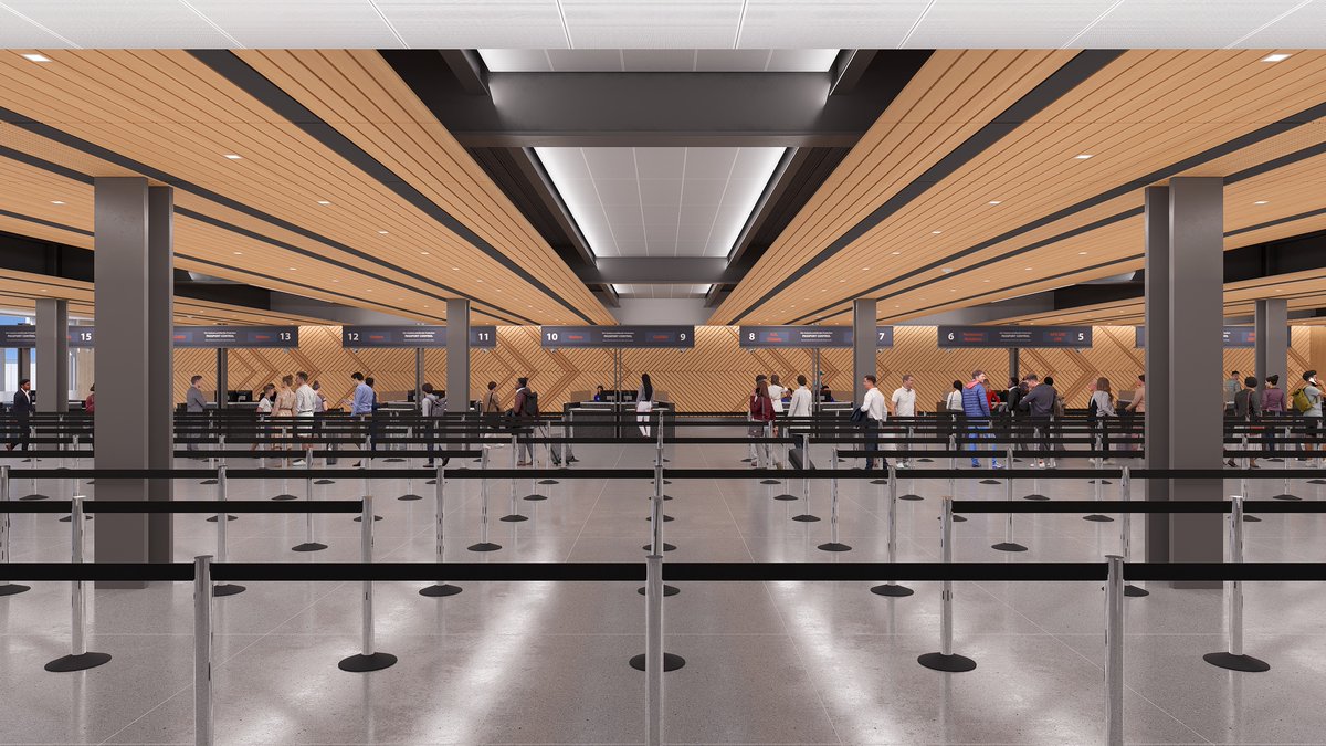 RDUAirport's tweet photo. Your first flight out of Terminal 2 in 2026 will look a bit different. π We're installing a floor-to-ceiling wall in T2's north end in January to kick off a two-year construction project to expand ticketing, customs and more.
News: https://t.co/gOD57xDt4L
#TransformRDU https://t.co/2QijM8RJoY