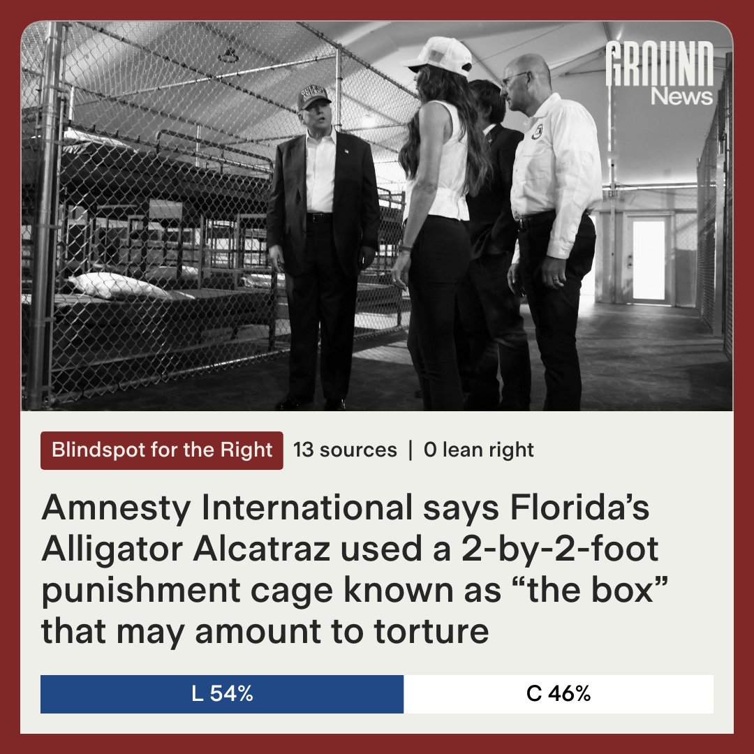 Ground_app's tweet photo. 🟥 Blindspot for the Right:
Amnesty International says migrants at Florida’s Alligator Alcatraz were confined in a 2-by-2-foot cage known as “the box,” where people were restrained for hours in heat and insects — conditions the group says may amount to torture. https://t.co/YpURX9dhkE