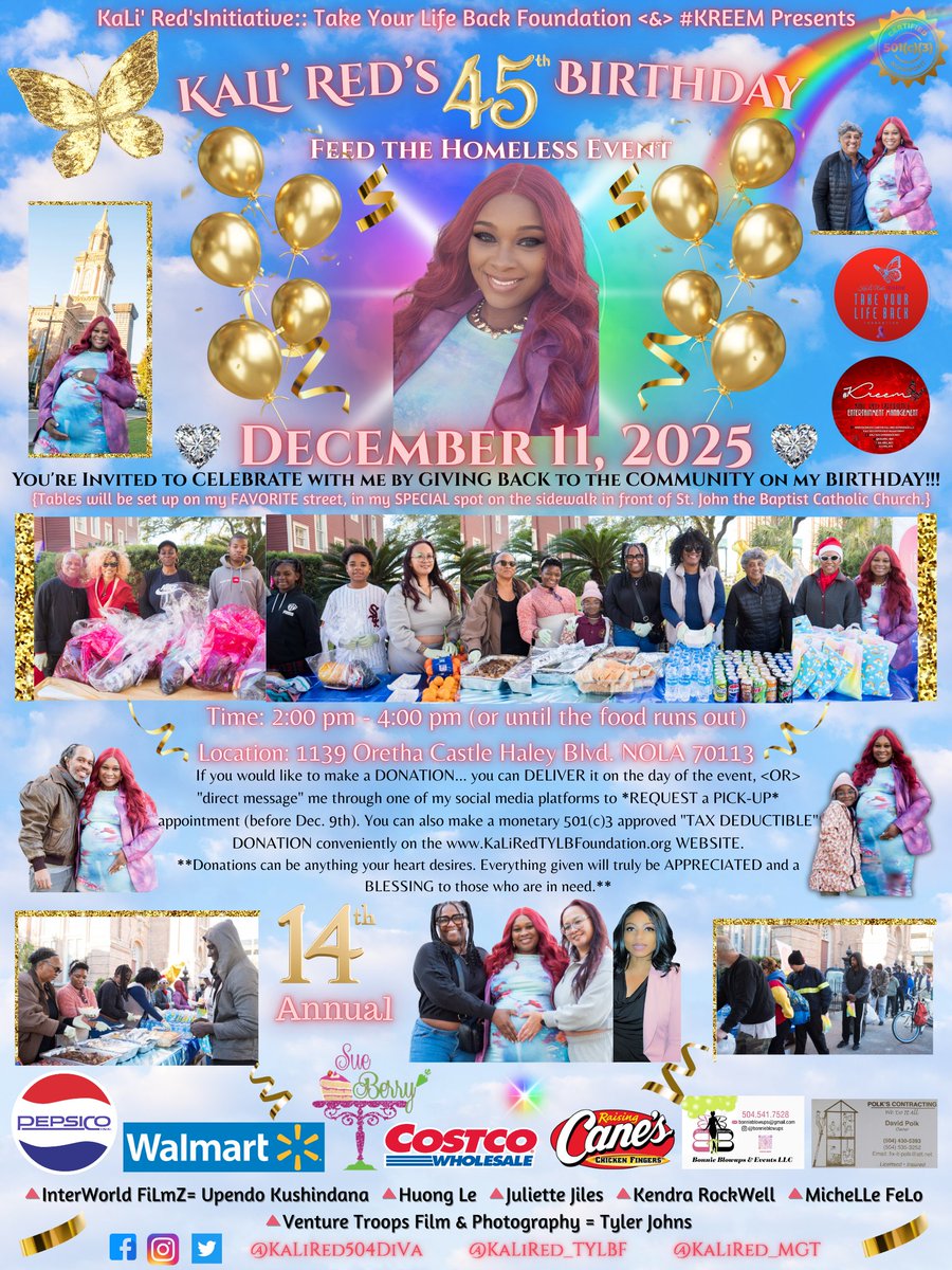 KaliRed504Diva's tweet photo. It's that time of year again...we are COUNTING DOWN to the⭐14th⭐annual #FeedTheHomeless🎈#KaLiRedDay🎈 in the city!!!🥳🍴❤️ We will be #GivingBack to the #commUNITY on MY FAVORITE STREET #THURSDAY, 🎁#December 11, 2025🎁.
#HappyBirthday 🎂 #KaLiRedDay2025 ⚜️#NOLA #LEADERSHIP https://t.co/dEp7Kx66ph