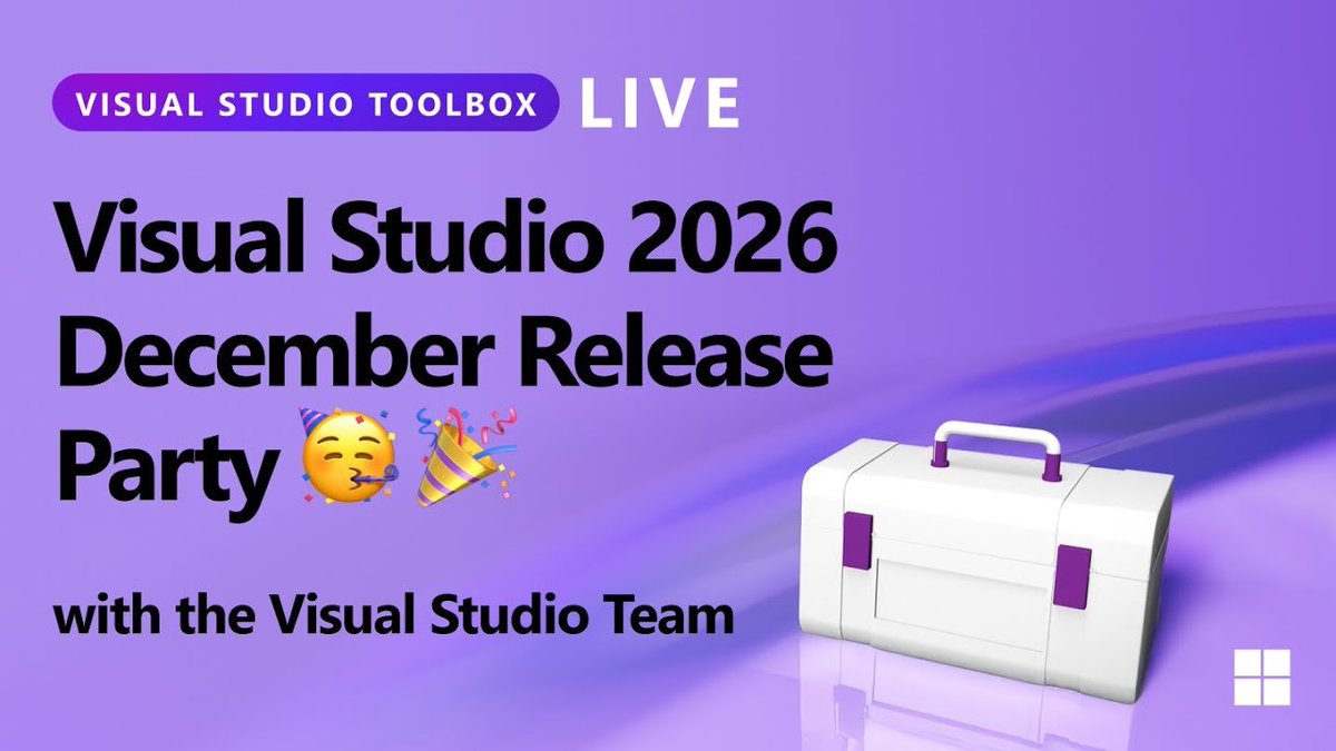 VisualStudio's tweet image. HAPPENING TODAY!!

Visual Studio Toolbox Live brings us the Visual Studio 2026 December Release Party where we join members of the team to talk about what&apos;s new in the latest Release.

We&apos;ll see you LIVE here ➡️ msft.it/6015te7Xt