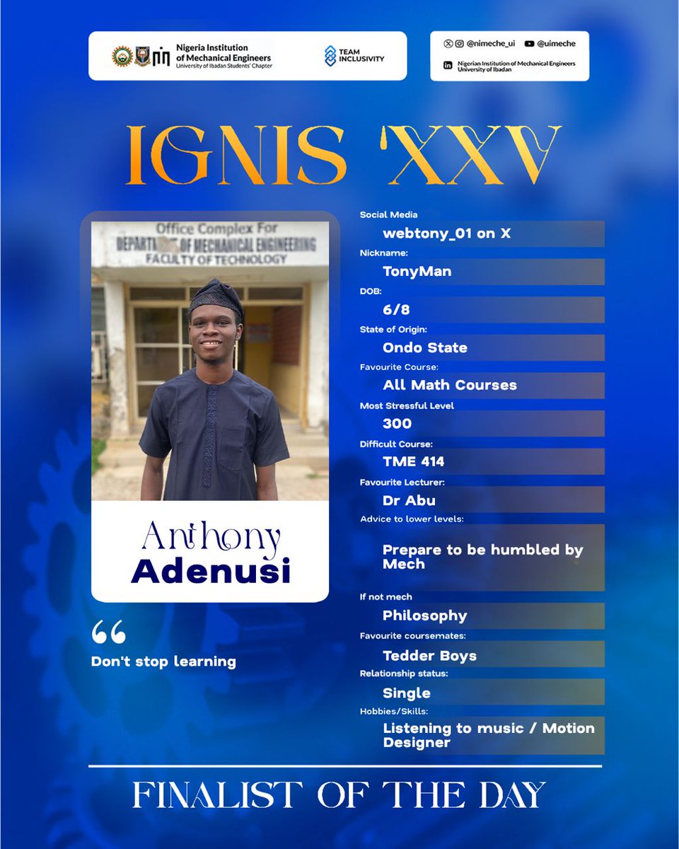 ✨FINALIST OF THE DAY🔥🎓

Say hi to ADENUSI, Anthony Ayomide, also known as TonyMan 😎

When TonyMan’s not busy using the whole day to read, he’s creating. 

He finds his flow in listening to music and working as a Motion Designer 🎵🎨.