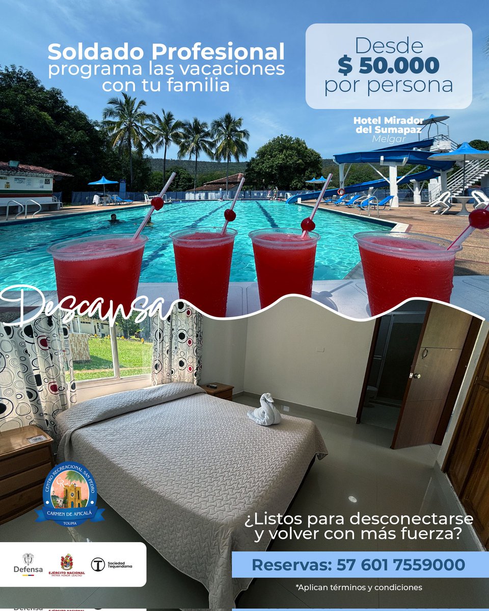 Soldado profesional el convenio entre el <a href="/COL_EJERCITO/">Ejército Nacional de Colombia</a> y la Sociedad Hotelera Tequendama te da acceso a 3 hoteles con tarifas preferenciales para ti, tus hijos y tu pareja.
Disfruta espacios seguros, cómodos y pensados para el bienestar de quienes le entregan su vida al servicio