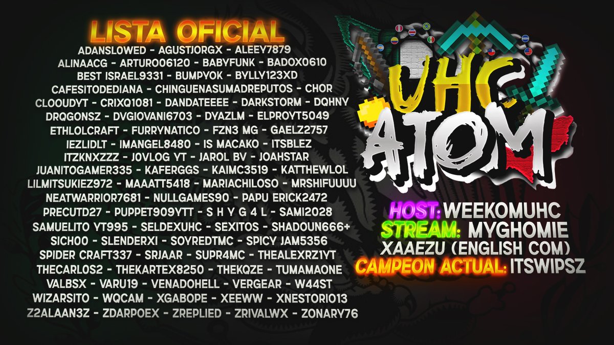 ¡ATOM UHC MEXICO S3🇲🇽! 

 Estos son todos los jugadores que se enfrentarán este sábado 13 de diciembre en el Atom UHC México. 

El stream oficial se pasará por el Discord de Atom:

discord.gg/U2XFD4Pudx
discord.gg/U2XFD4Pudx
discord.gg/U2XFD4Pudx
discord.gg/U2XFD4Pudx