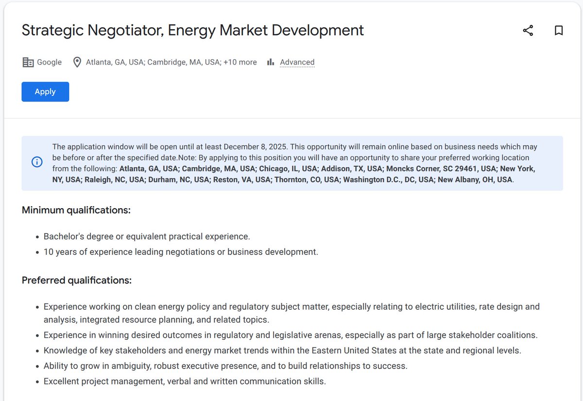 Very high-impact opportunity to join <a href="/Google/">Google</a>'s Energy Market Development team, focused on the US Southeast: