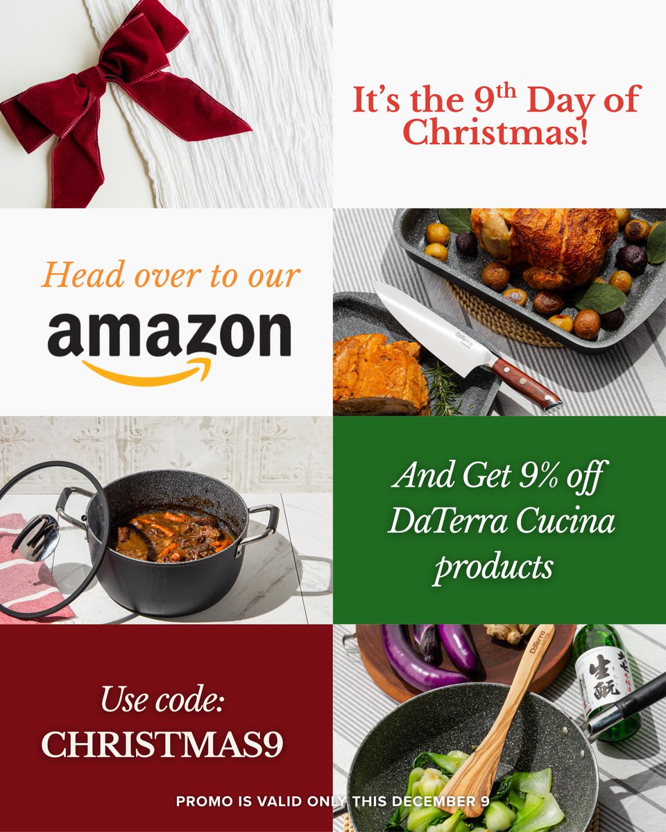 DaTerraCucina's tweet photo. Get 9% off DaTerra Cucina products on Amazon today with the code CHRISTMAS9.

#DaTerraCucina #12DaysOfChristmas #Christmas9 #AmazonDeal #AmazonFinds #CookwareSale #KitchenGifts #HolidayCooking #ItalianCookware #NonstickCookware #GiftGuide #GiftForFoodies #KitchenEssentials https://t.co/UlJWBkTn27
