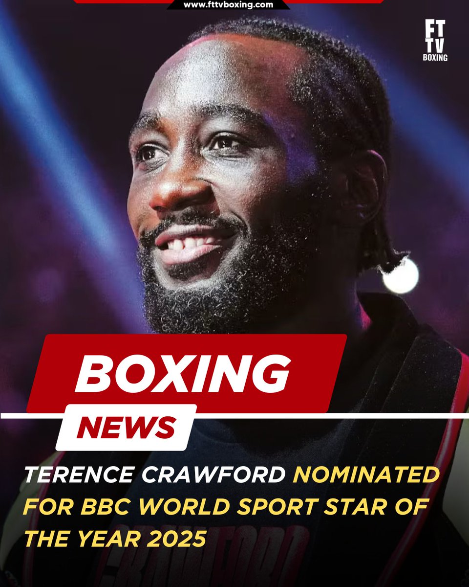FTTVBoxing's tweet image. 🏆 Terence Crawford nominated for BBC World Sport Star of the Year 2025!

‘Bud’ is undefeated 42-0 &amp;amp; became the first male three-weight undisputed champ this year 🥊

Other nominees: Salah, Ohtani, McLaughlin-Levrone &amp;amp; more. Awards announced Dec 18!

#TerenceCrawford #BBCSports