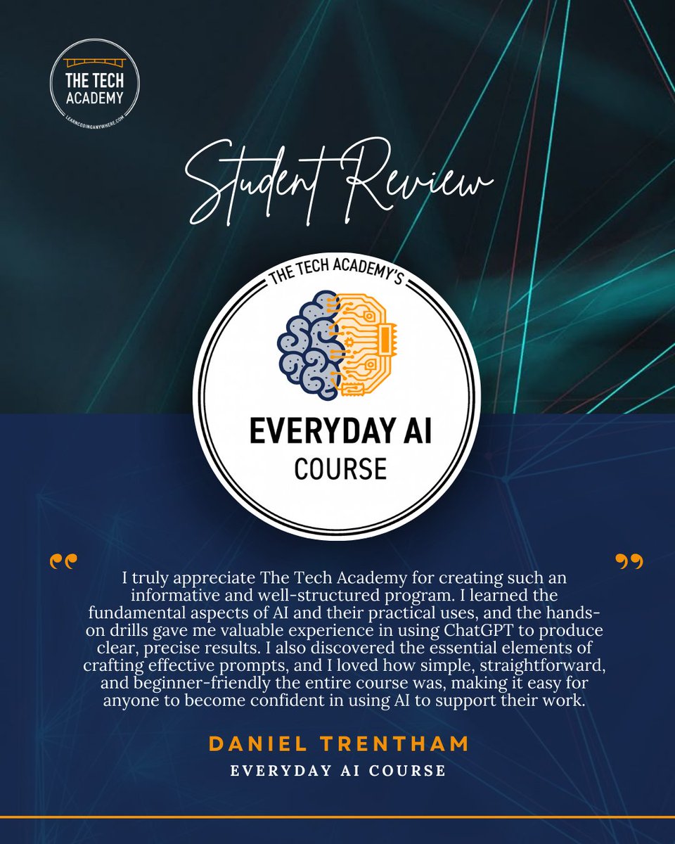 TheTechAcad's tweet image. AI is here to stay. Do you know how to use it?

If you’re ready to get started, you can enroll anytime. bit.ly/contactTTA

#techsuccess #onlinecodingbootcamp #learncode #codingbootcampreview #thetechacademy