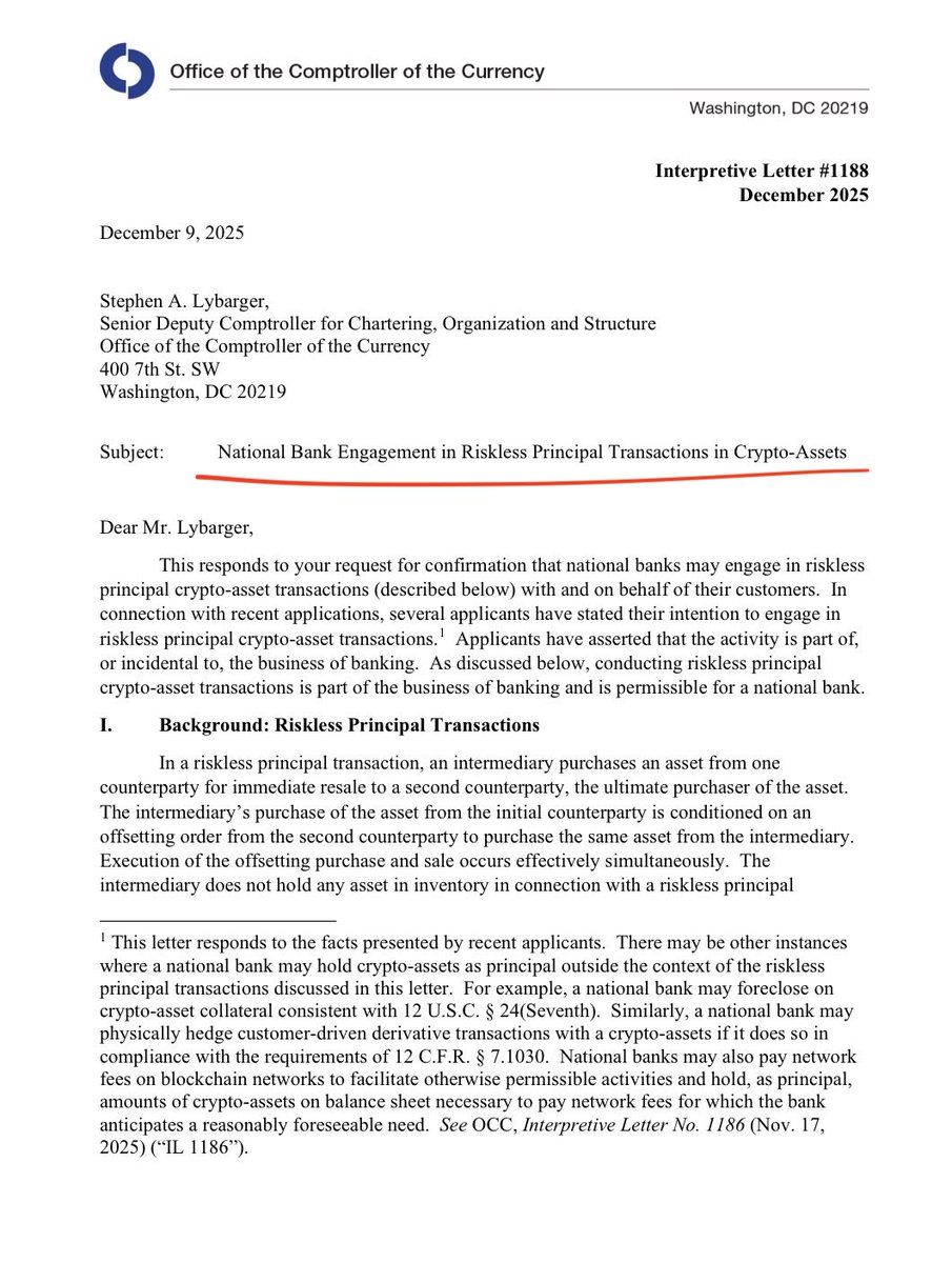 JUST IN - Banks in the United States are now officially allowed to buy and  sell Bitcoin, Ethereum, and cryptocurrency for customers, according to a  new OCC letter