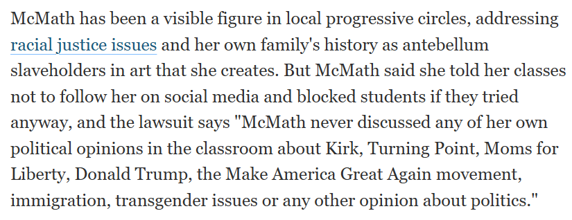 McMath told classes full of teenagers not to look at her social media. She may as well have put it on a projector in her classroom 🤣

The complaint says that she blocked parents who tried to follow her. 

Win or lose — and, as I said yesterday, if you want public schools to