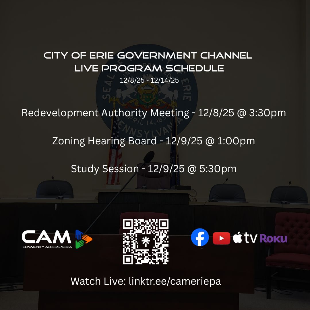 CAMEriePA's tweet image. Our weekly live programming lineup for the week of 12.8.25 to 12.14.25.  Explore our full schedule at camerie.org/vod. Catch the live broadcasts on Roku or Apple TV by installing our CAMEriePA app. #CAMERIEPA #LIVEPROGRAMMING #CITYOFERIE
