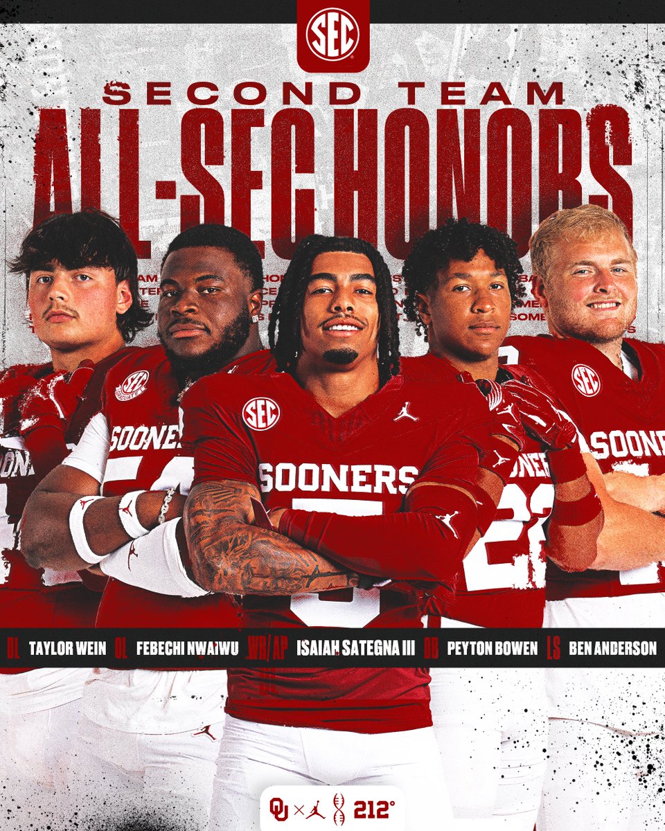 OU_Football's tweet image. All-SEC Second Team 🏆

@isaiahsategna1 
@officialfeb_54 
@TaylorWein 
@PeytonBowen10 
@62BenAnderson