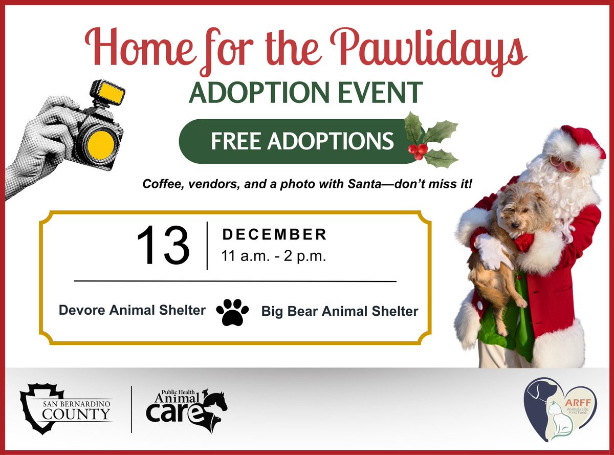 Home for the Pawlidays brings free adoptions and festive fun to county shelters. Join San Bernardino County Animal Care on Saturday, Dec. 13, from 11 a.m. to 2 p.m. at the Devore and Big Bear Animal Shelters for our “Home for the Pawlidays” adoption event! 🐶 🐱 🎄 

Snap a