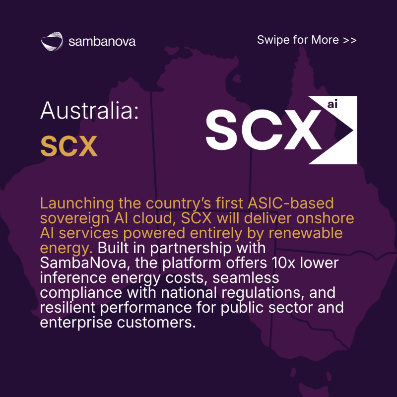 SambaNovaAI's tweet photo. Powering the future of sovereign AI across Australia (https://t.co/KPsqhwYpxz), Europe (@InfercomAI) &amp; the UK (Argyll) ⚡️

Our AI infrastructure is helping nations scale AI securely, responsibly, &amp; sustainably, partnering with leaders to tackle the data center power crisis.