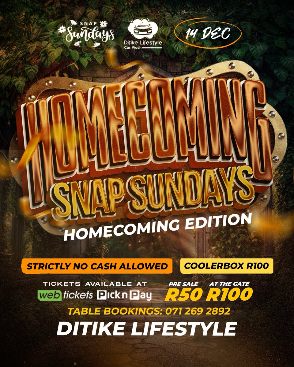 Feel like going to Snap Sundays (Homecoming Edition)? Tickets are sold through Webtickets, let's get ours! webtickets.co.za/v2/event.aspx?…