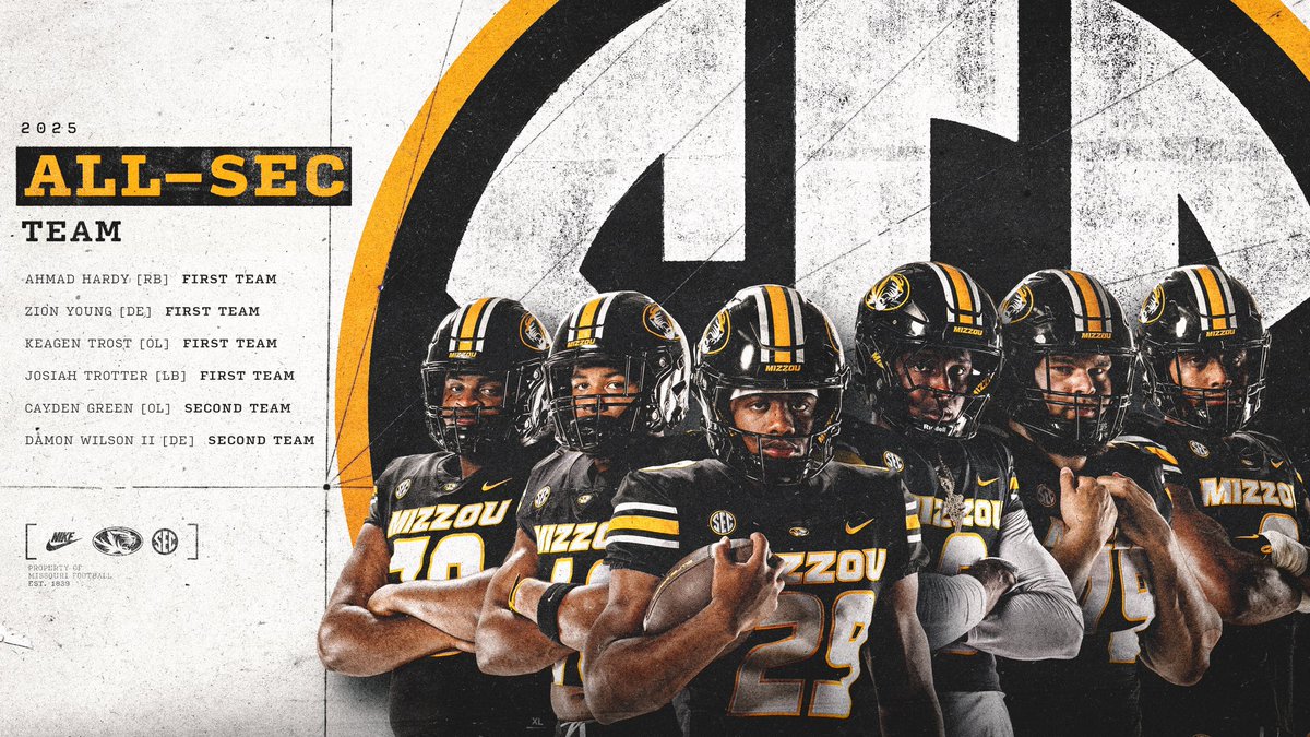 MizzouFootball's tweet photo. Six Tigers earn All-SEC honors 🫡

🔗: https://t.co/5HNq2WGtCk

#MIZ | #STP https://t.co/nf5Jk4DnkE