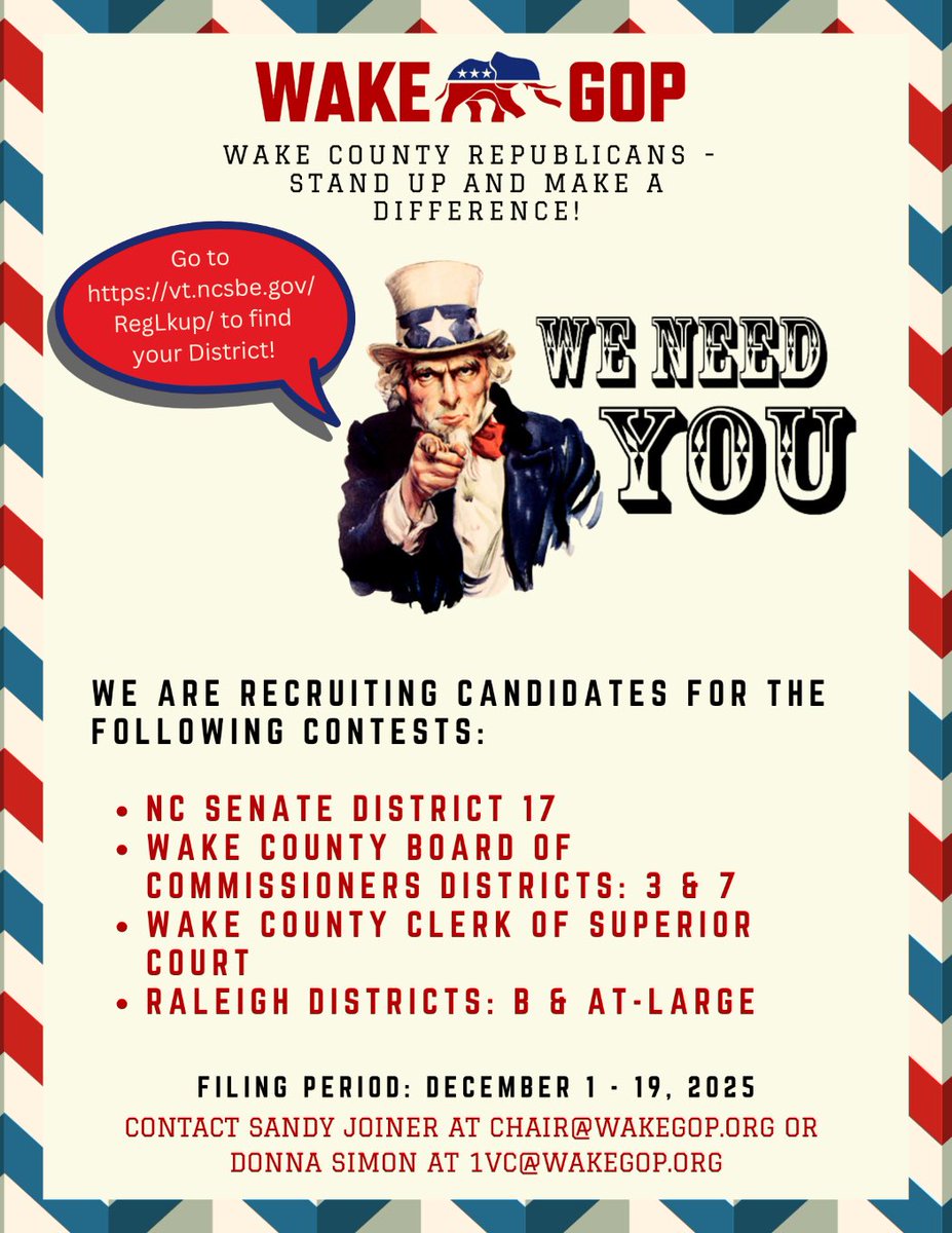 JoinerSandy's tweet photo. Only 10 days left to file: Wake County needs excellent candidates and you might be one!

We are recruiting candidates for Senate District 17, Wake County Board of Commissioners Districts 3 &amp; 7, Wake County Clerk of Superior Court and Raleigh City Council Districts B &amp; At-large.🇺🇸 https://t.co/GT8Y0P5n79
