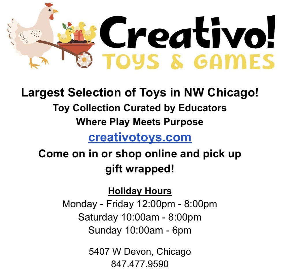 support local for the holidays …
Creativo Toys &amp; Games in Edgebrook on Chicago’s NW Side 5407 W. Devon
creativotoys.com
